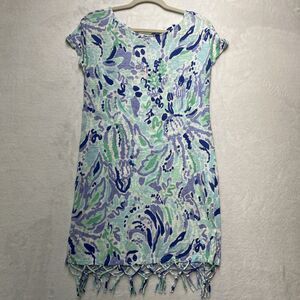 Lilly Pulitzer Linen Beachy Shift Dress Women’s Sz XS Tassel Hem Floral Beachy